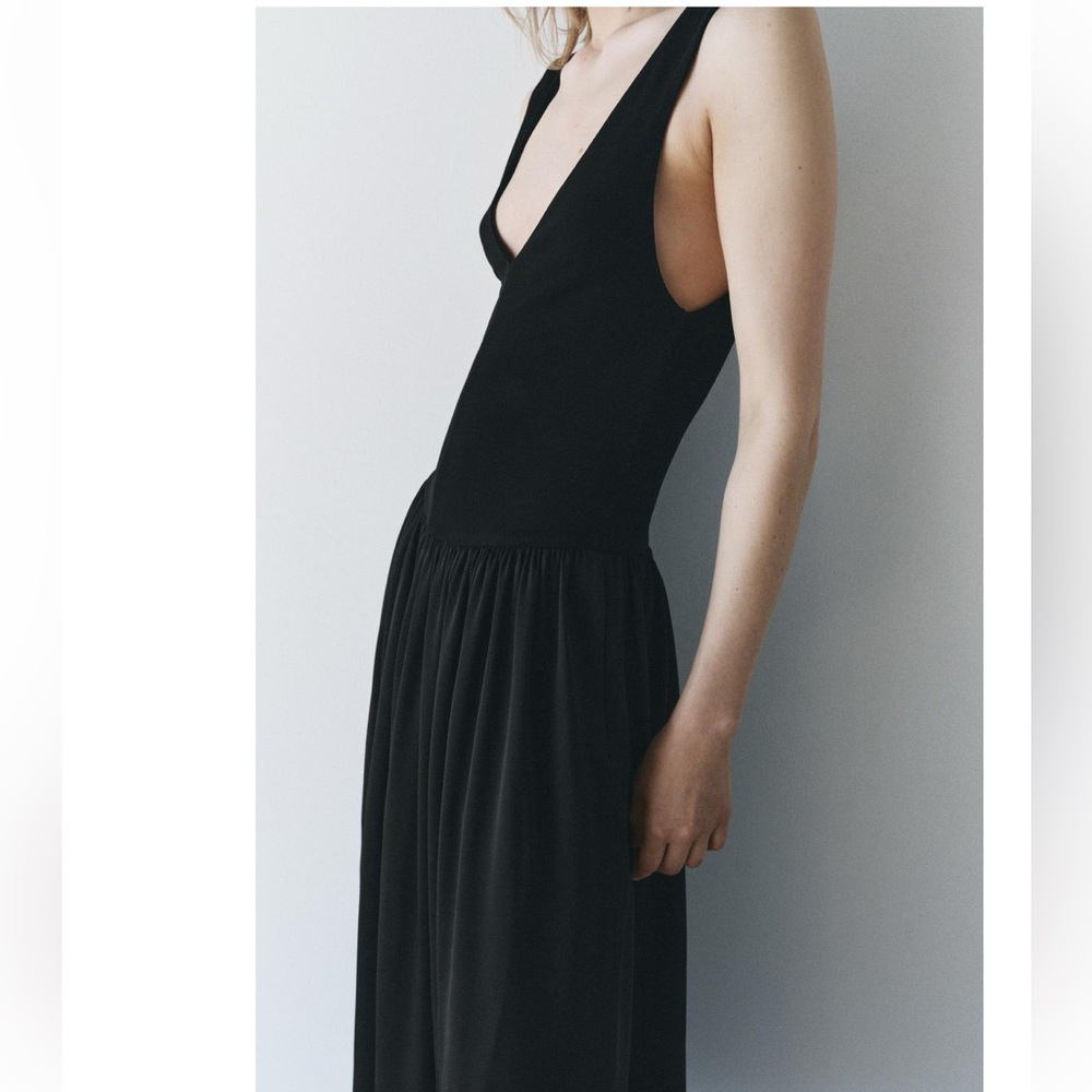 Zara Black Contrast Midi Dress V-neck Dropped waist Tonal fabric size S NWT - Picture 10 of 16
